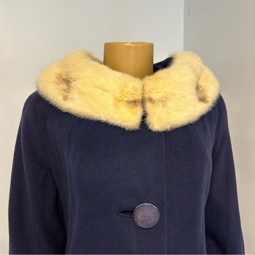 Vintage Hombergers Atlantic City‎ Navy Blue 100% Cashmere Mink Fur Collar Coat - Picture 4 of 9